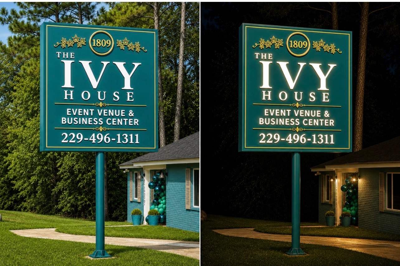 The Ivy House event venue and business center sign shown by day and illuminated at night